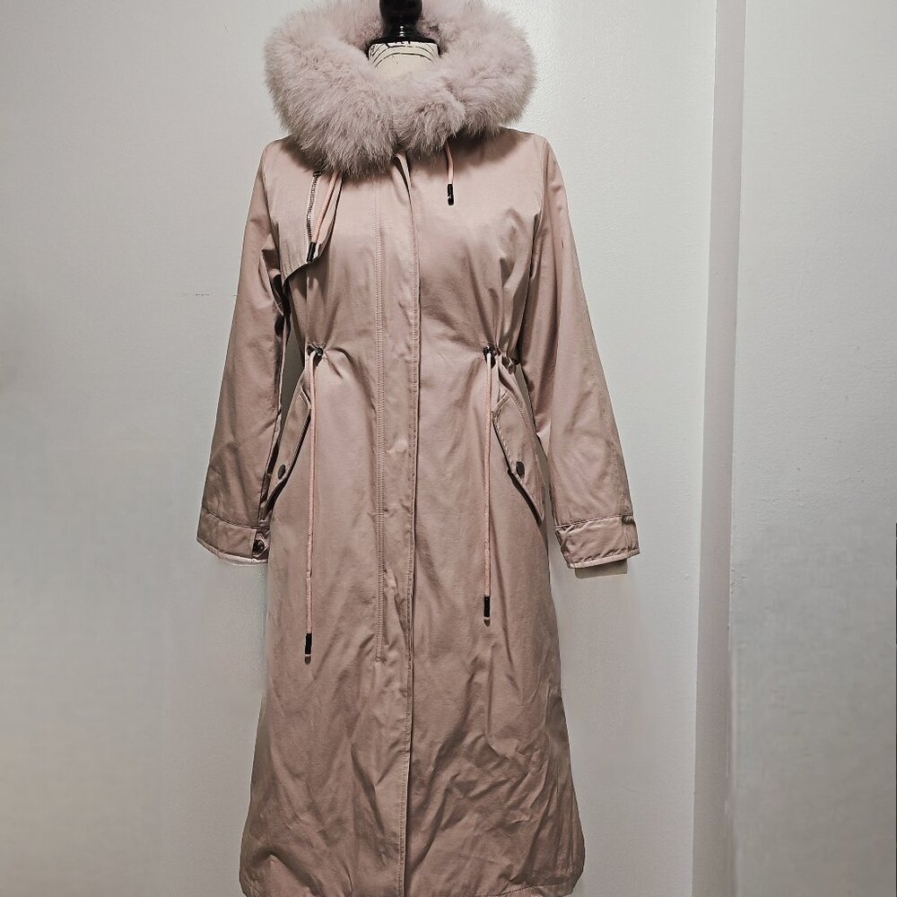 Rabbit Fur-Lined Parka Coat Jacket Fox Fur Hooded Dusty Pale Pink Cherry Blossom